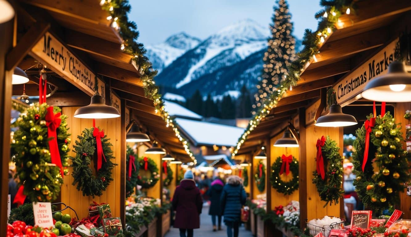 Christmas Markets Washington State 2025: Top 50 Festive Events and Holiday Fairs 9 Vibrant holiday wreaths adorn stalls at the Leavenworth Market Christmas Markets, with snow-covered mountains in the background