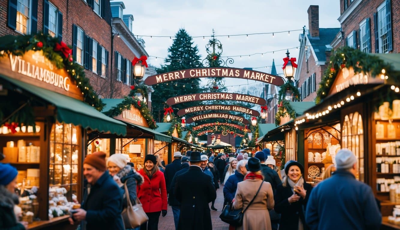 Christmas Markets Virginia 2025: Top 50 Festive Events and Shopping Destinations 11 A bustling Victorian Christmas market in Williamsburg, Virginia, with charming stalls, festive decorations, and joyful visitors