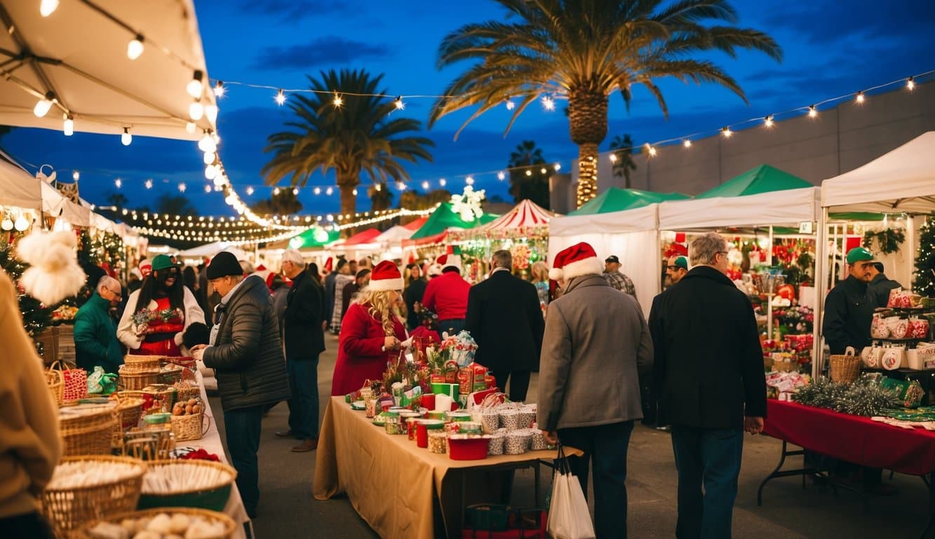 Christmas Markets Southern California 2025: Top 50 Festive Holiday Events and Locations 7 A bustling holiday craft show in Southern California, with vendors selling festive wares under twinkling lights and palm trees
