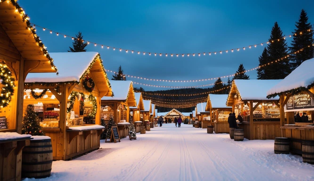 Christmas Markets Minnesota 2025: Top 50 Festive Markets to Visit 2 A snowy landscape with twinkling lights, wooden stalls, and festive decorations at the Golden Valley Holiday Market in Minnesota, 2025