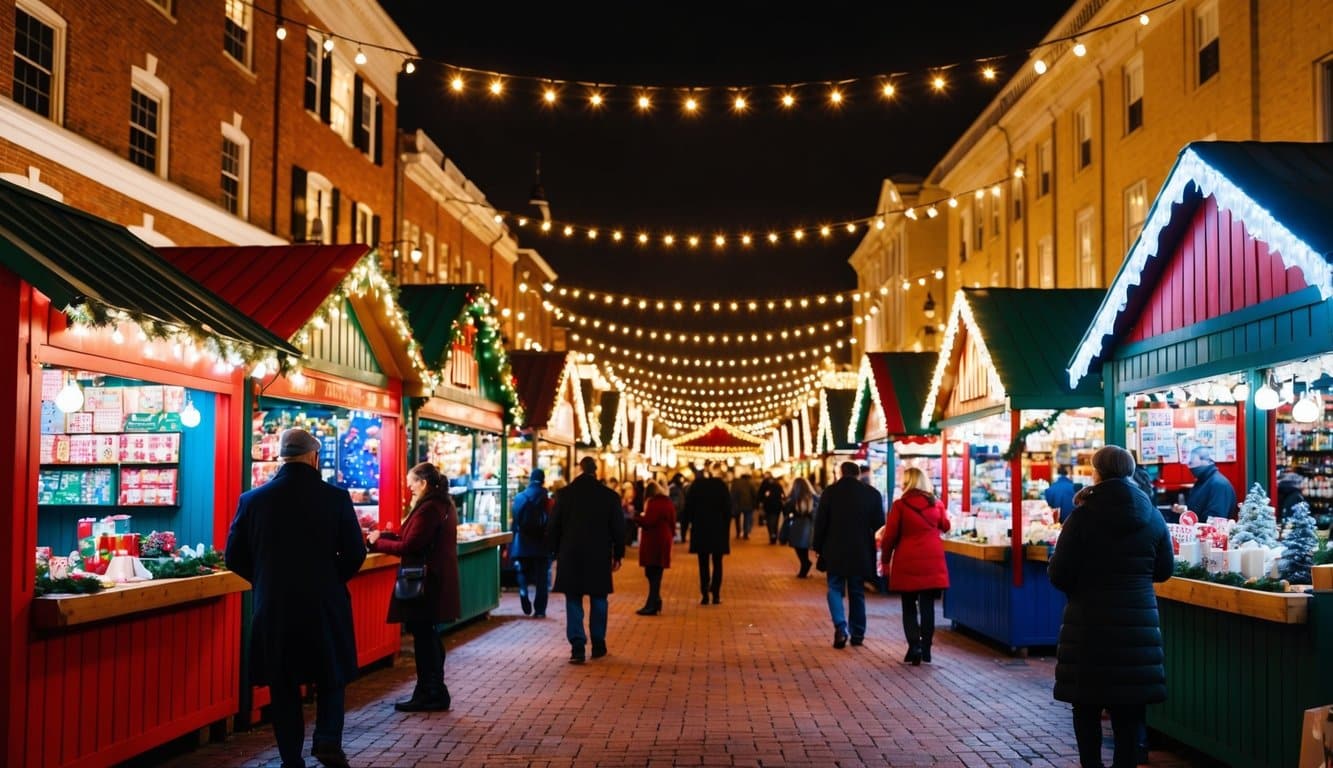 Christmas Markets Virginia 2025: Top 50 Festive Events and Shopping Destinations 2 A bustling Christmas market with colorful stalls, twinkling lights, and festive decorations in Manassas, Virginia, 2025