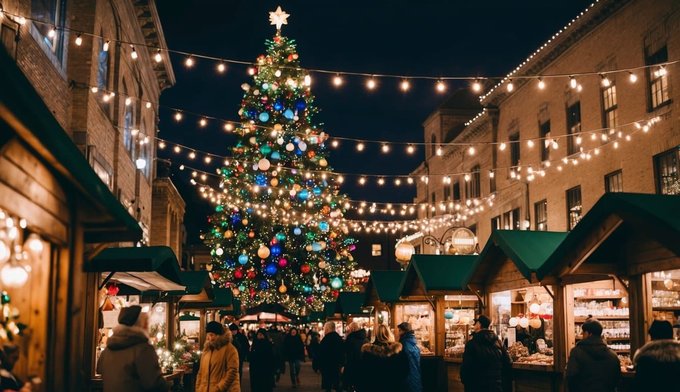 Christmas Markets Minnesota 2025: Top 50 Festive Markets to Visit 3 A festive holiday market in Minnesota with twinkling lights, wooden stalls, and a large Christmas tree adorned with colorful ornaments