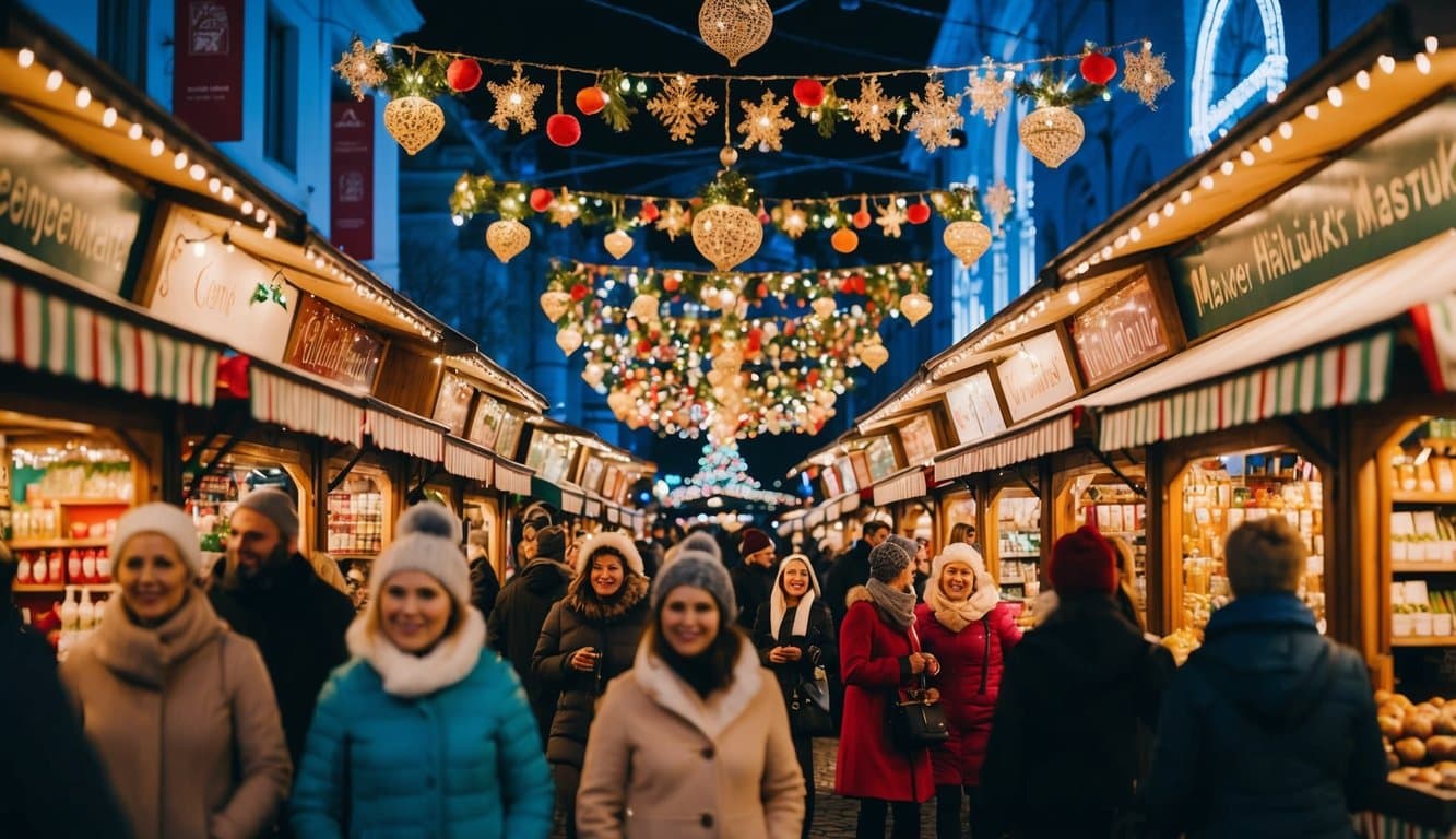 Christmas Markets Virginia 2025: Top 50 Festive Events and Shopping Destinations 3 A bustling holiday market with colorful stalls, twinkling lights, and festive decorations, surrounded by cheerful shoppers and the scent of mulled wine and roasted chestnuts