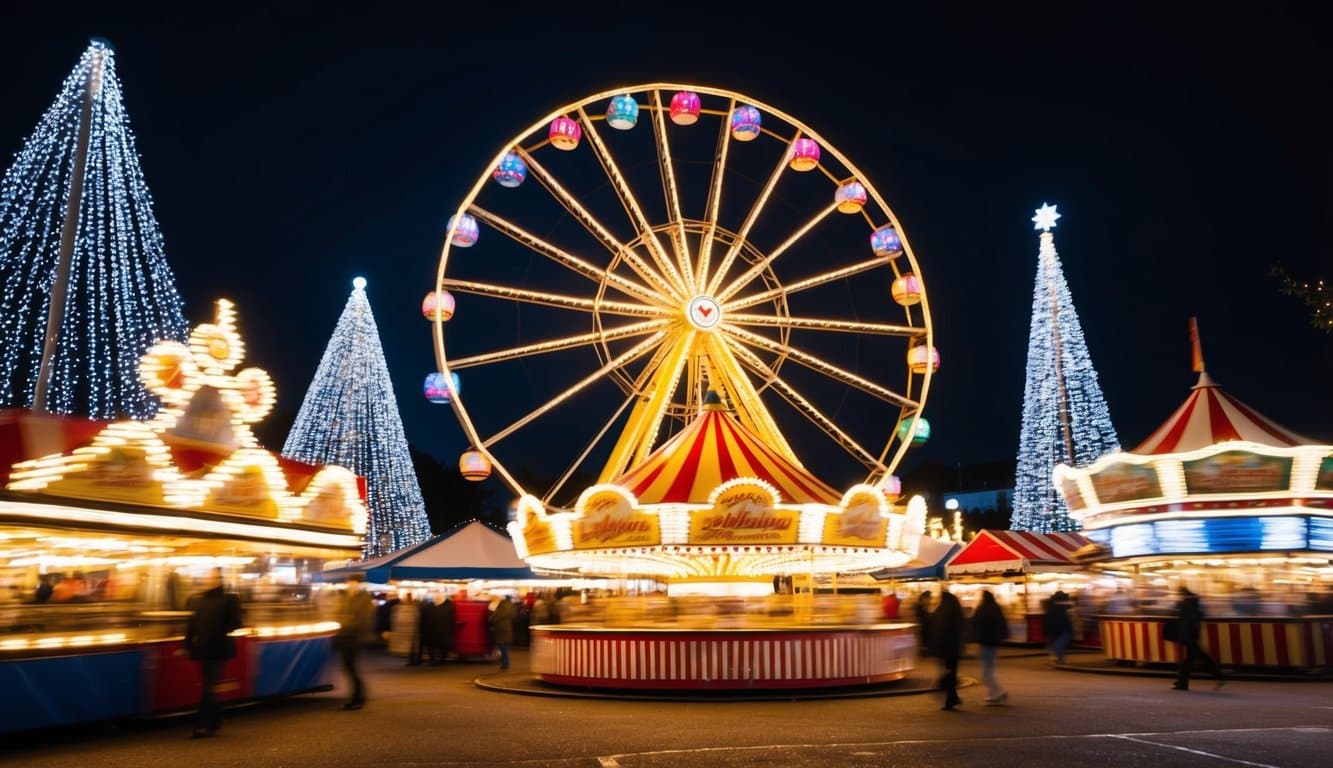 Christmas Markets Washington State 2025: Top 50 Festive Events and Holiday Fairs 2 Thrilling carnival rides twirl and spin against a backdrop of twinkling holiday lights at the bustling Christmas market in Washington State 2025