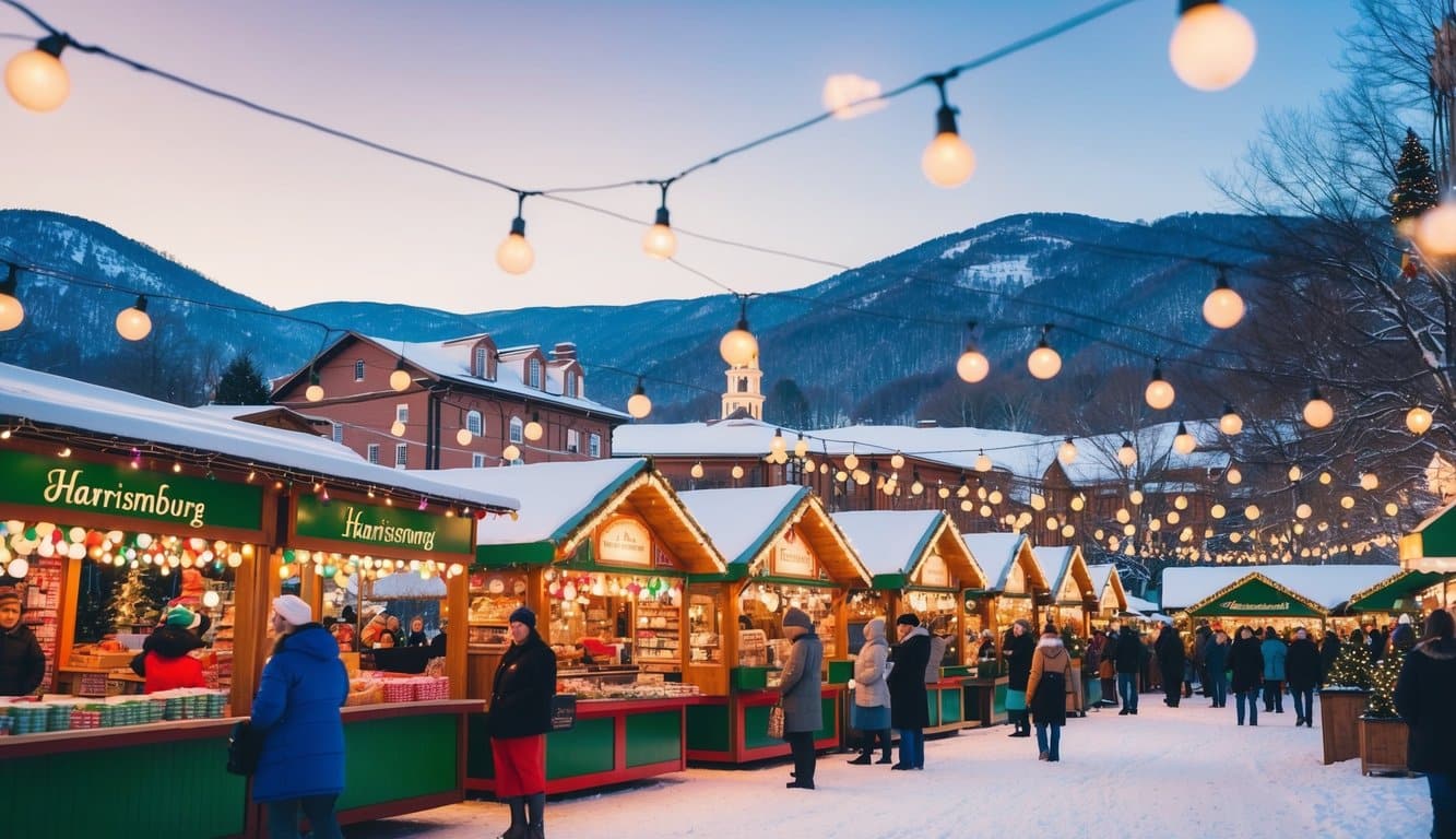 Christmas Markets Virginia 2025: Top 50 Festive Events and Shopping Destinations 4 A bustling Christmas market with colorful stalls and twinkling lights, surrounded by snow-covered mountains in Harrisonburg, Virginia