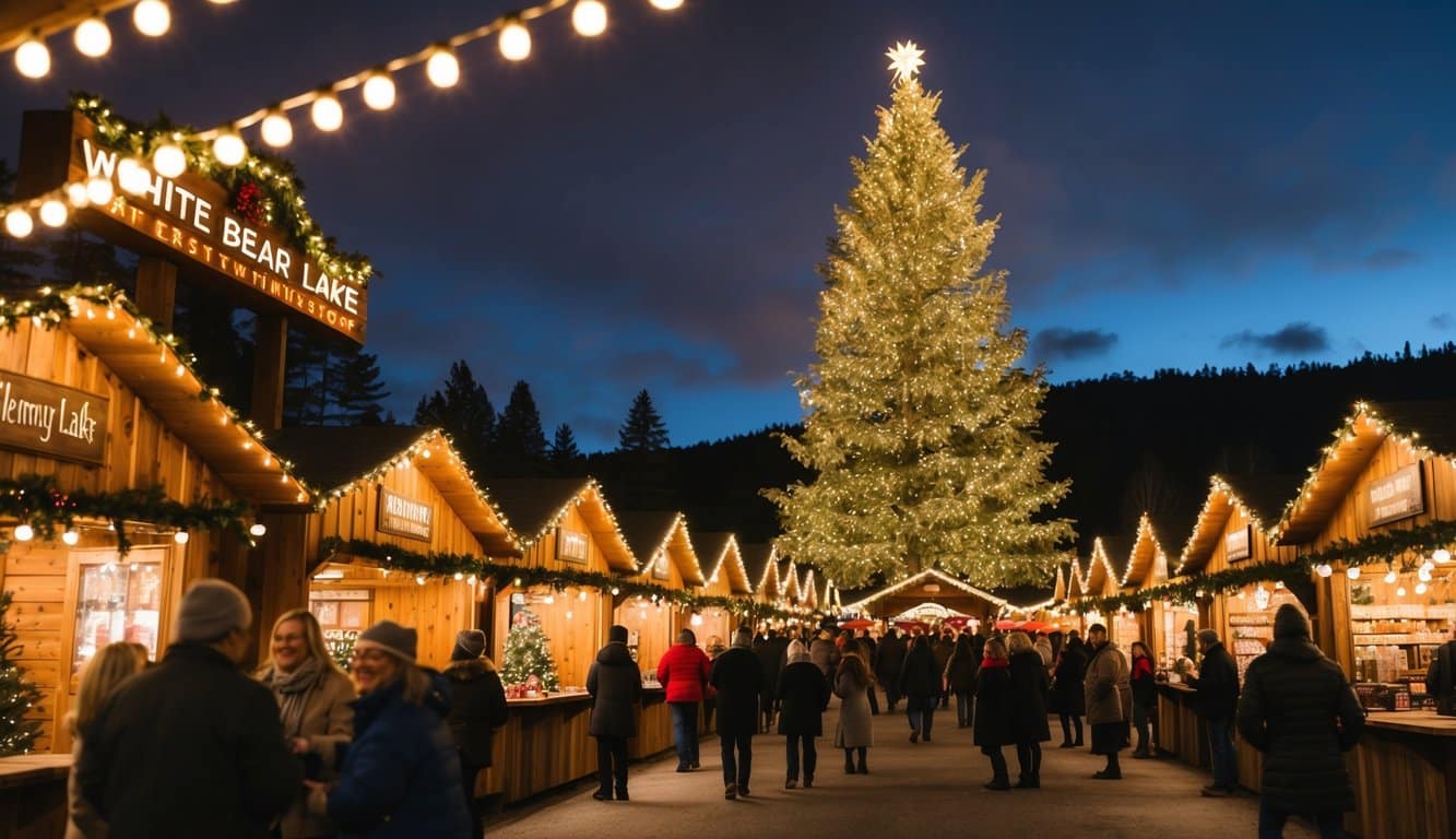 Christmas Markets Minnesota 2025: Top 50 Festive Markets to Visit 4 A festive holiday market with twinkling lights, wooden stalls, and a giant Christmas tree surrounded by cheerful visitors in White Bear Lake, Minnesota