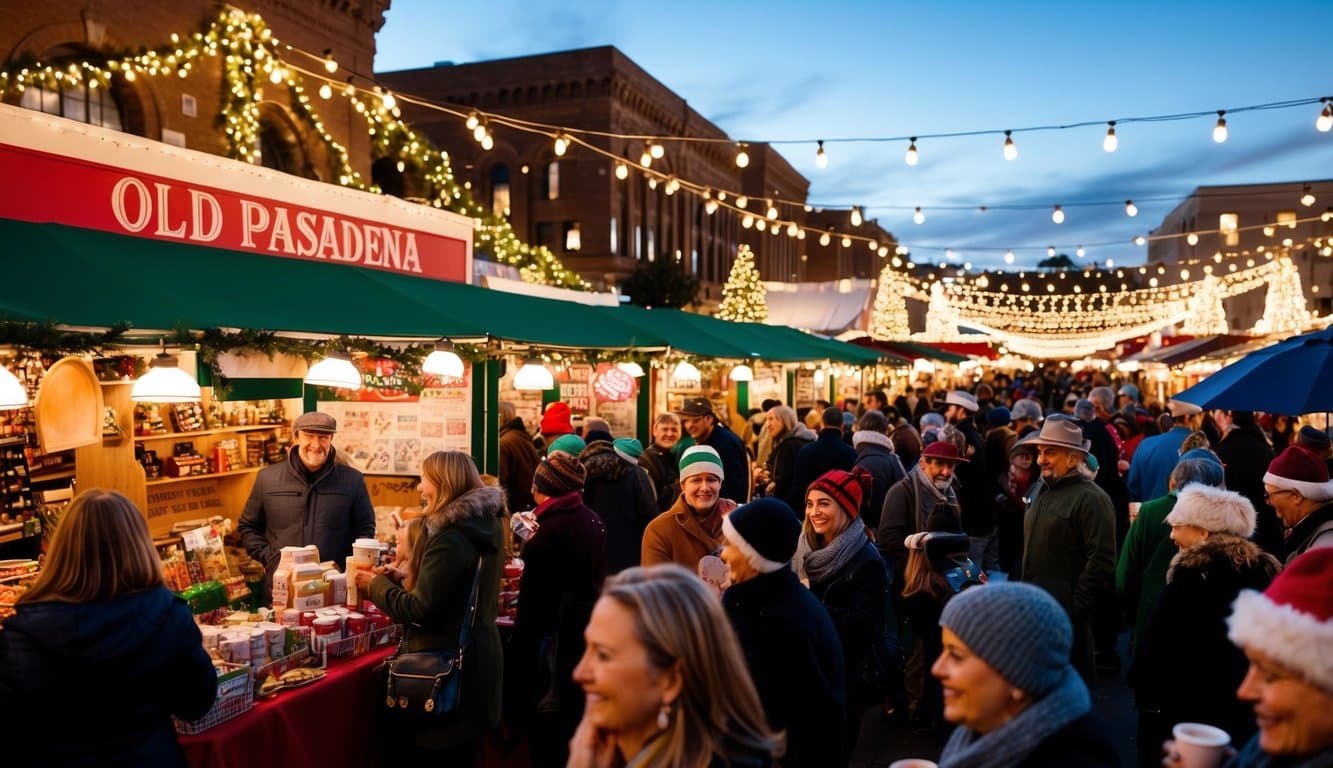Christmas Markets Southern California 2025: Top 50 Festive Holiday Events and Locations 2 A bustling holiday market in Old Pasadena, with festive stalls, twinkling lights, and joyful crowds browsing through artisan goods and sipping on hot cocoa