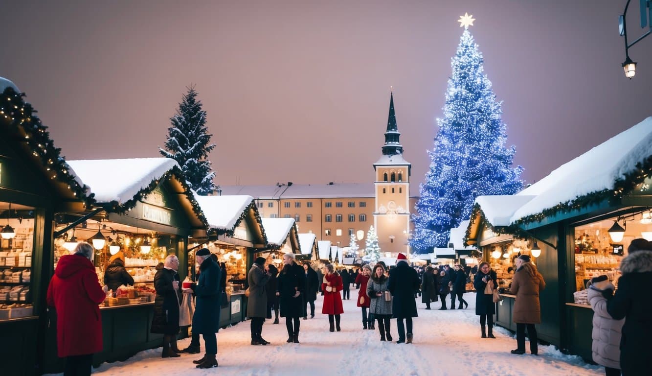 Christmas Markets Minnesota 2025: Top 50 Festive Markets to Visit 5 Snow-covered market with festive stalls, twinkling lights, and a towering Christmas tree. People browse and sip hot drinks while carolers sing