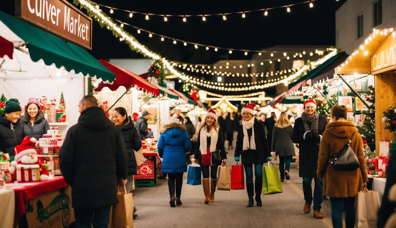 Christmas Markets Southern California 2025: Top 50 Festive Holiday Events and Locations 3 A festive holiday market in Culver City, Southern California, with decorated stalls, twinkling lights, and cheerful shoppers browsing for unique Christmas gifts