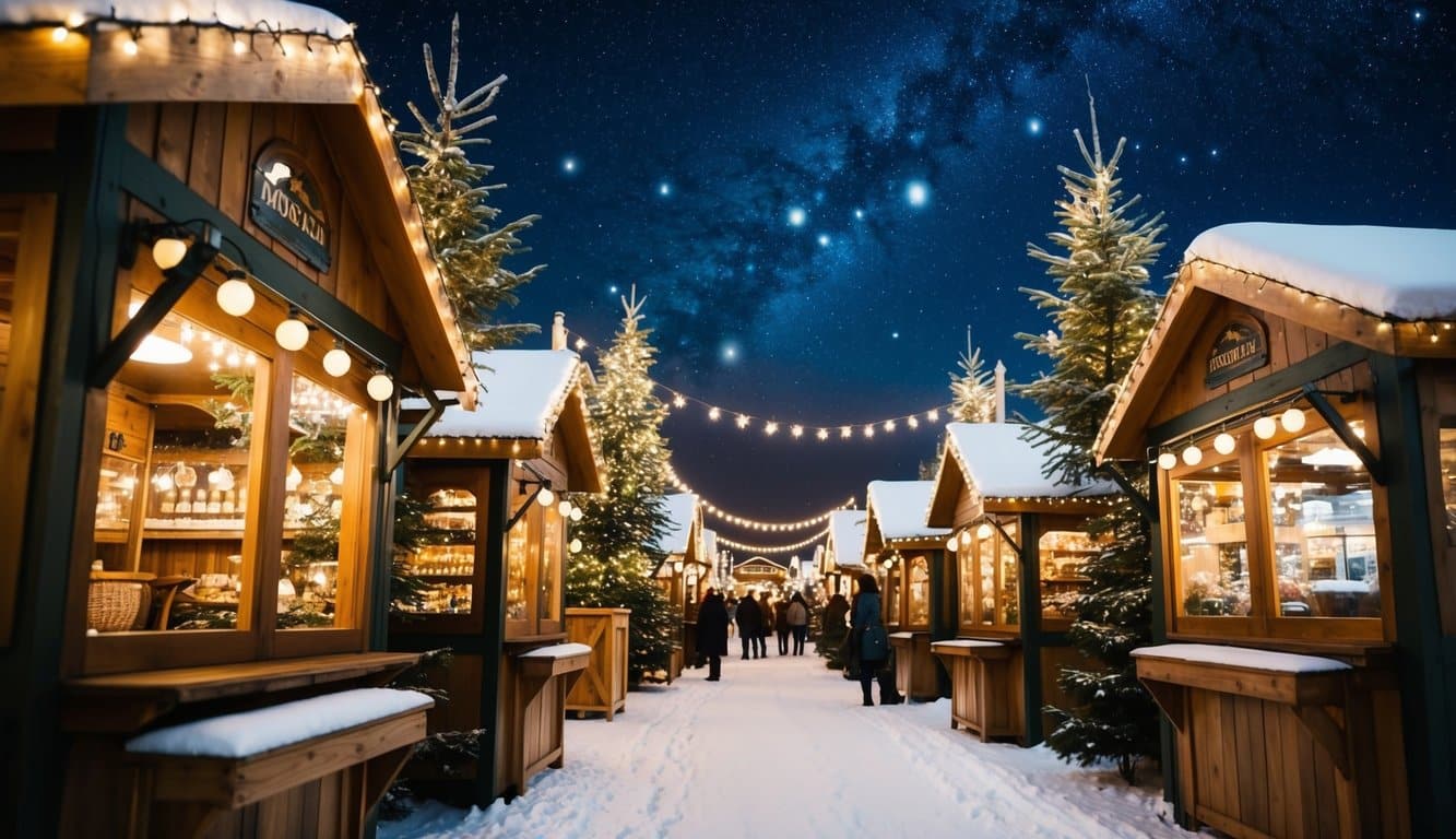 Christmas Markets Minnesota 2025: Top 50 Festive Markets to Visit 6 A festive holiday market with twinkling lights, wooden stalls, and snow-covered evergreen trees under a starry Minnesota sky in 2025