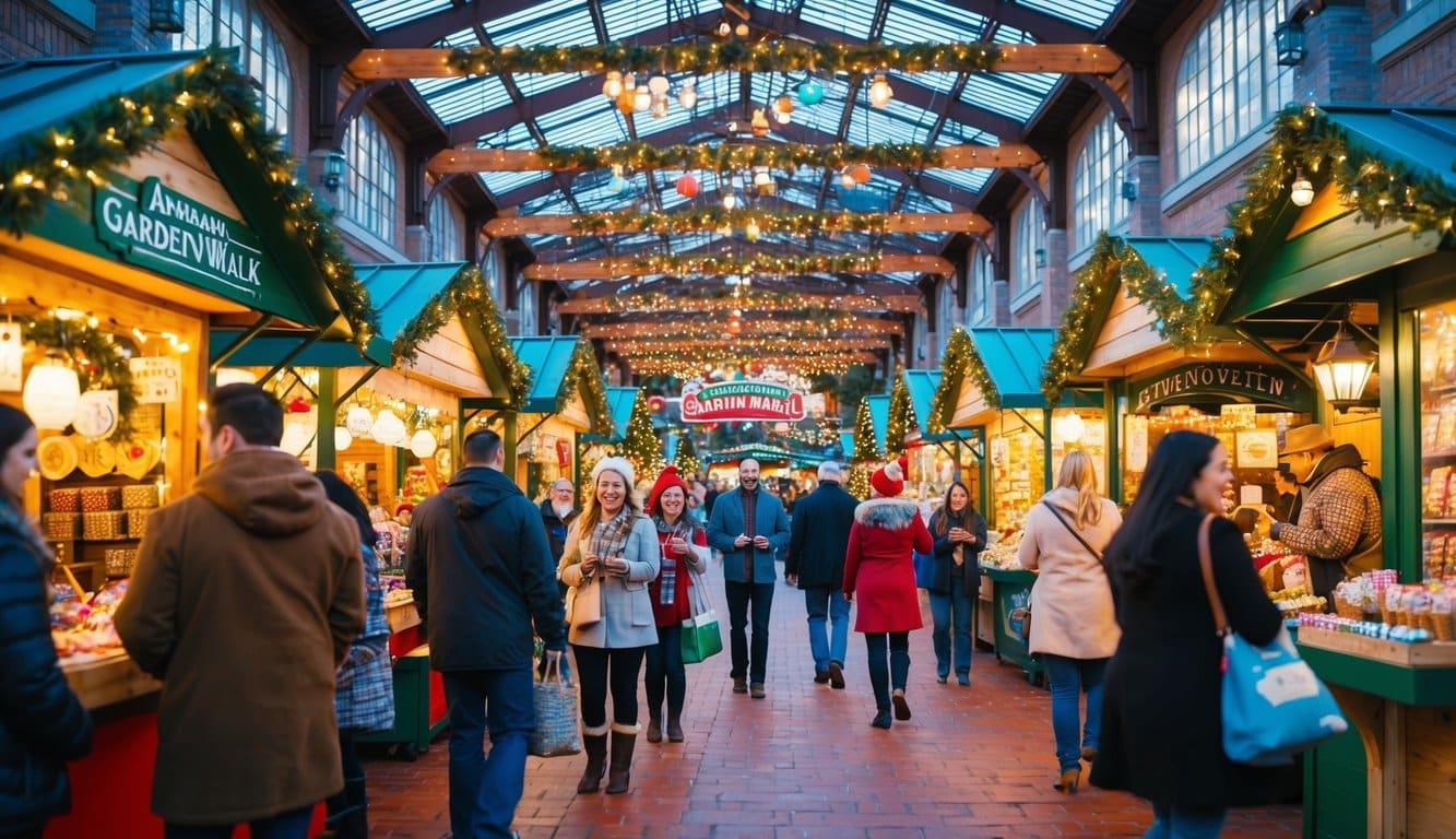 Christmas Markets Southern California 2025: Top 50 Festive Holiday Events and Locations 4 A festive holiday market at Anaheim GardenWalk, filled with twinkling lights, decorated stalls, and joyful visitors browsing through unique gifts and seasonal treats