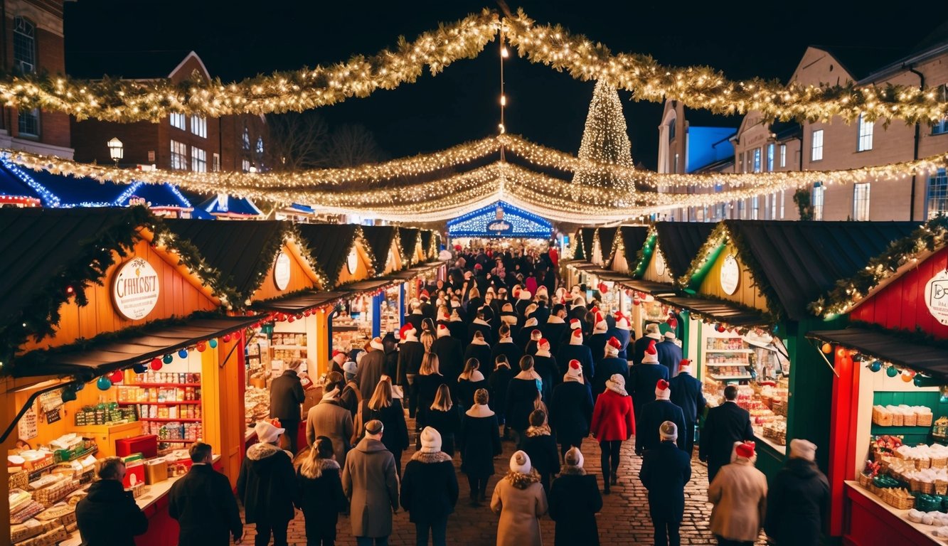 Christmas Markets Ohio 2025: 50 Top Holiday Events and Festive Fairs 3 A bustling Christmas market in Ohio, with colorful stalls, twinkling lights, and a choir performing holiday songs
