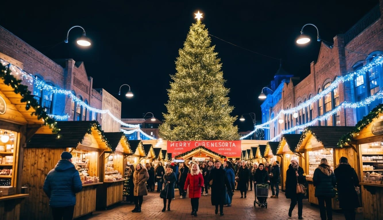 Christmas Markets Minnesota 2025: Top 50 Festive Markets to Visit 7 A festive holiday market with twinkling lights, wooden stalls, and a giant Christmas tree surrounded by joyful shoppers in Minnesota