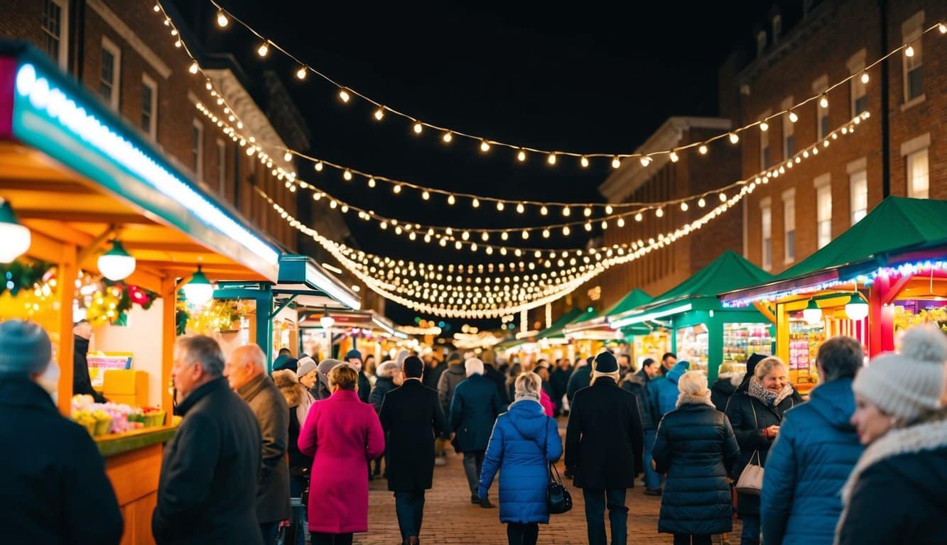 Christmas Markets Virginia 2025: Top 50 Festive Events and Shopping Destinations 8 A festive holiday market with twinkling lights, colorful stalls, and bustling crowds in Virginia