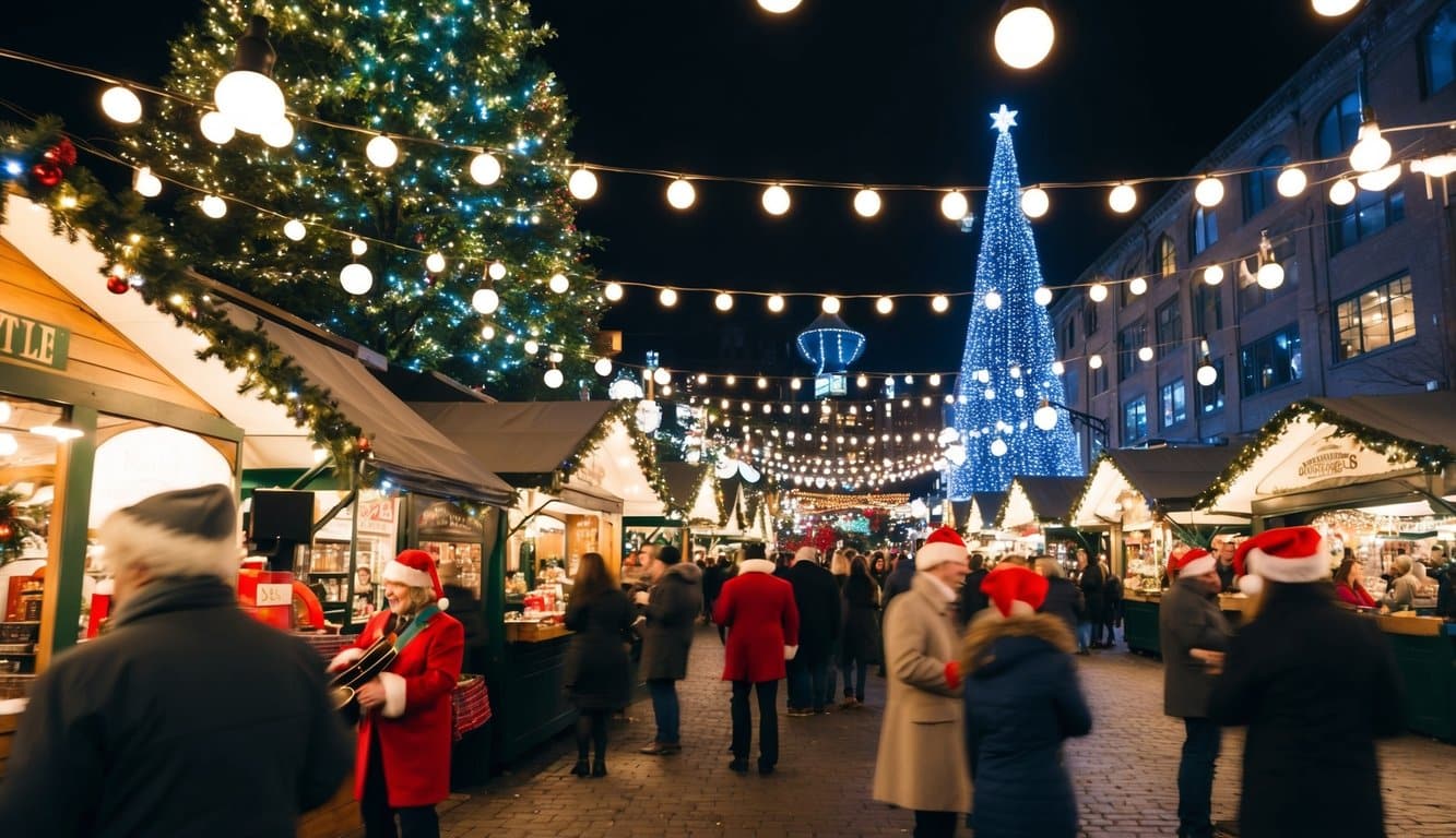 Christmas Markets Washington State 2025: Top 50 Festive Events and Holiday Fairs 6 A bustling Christmas market in Seattle, with twinkling lights, festive decorations, and a live band playing holiday music