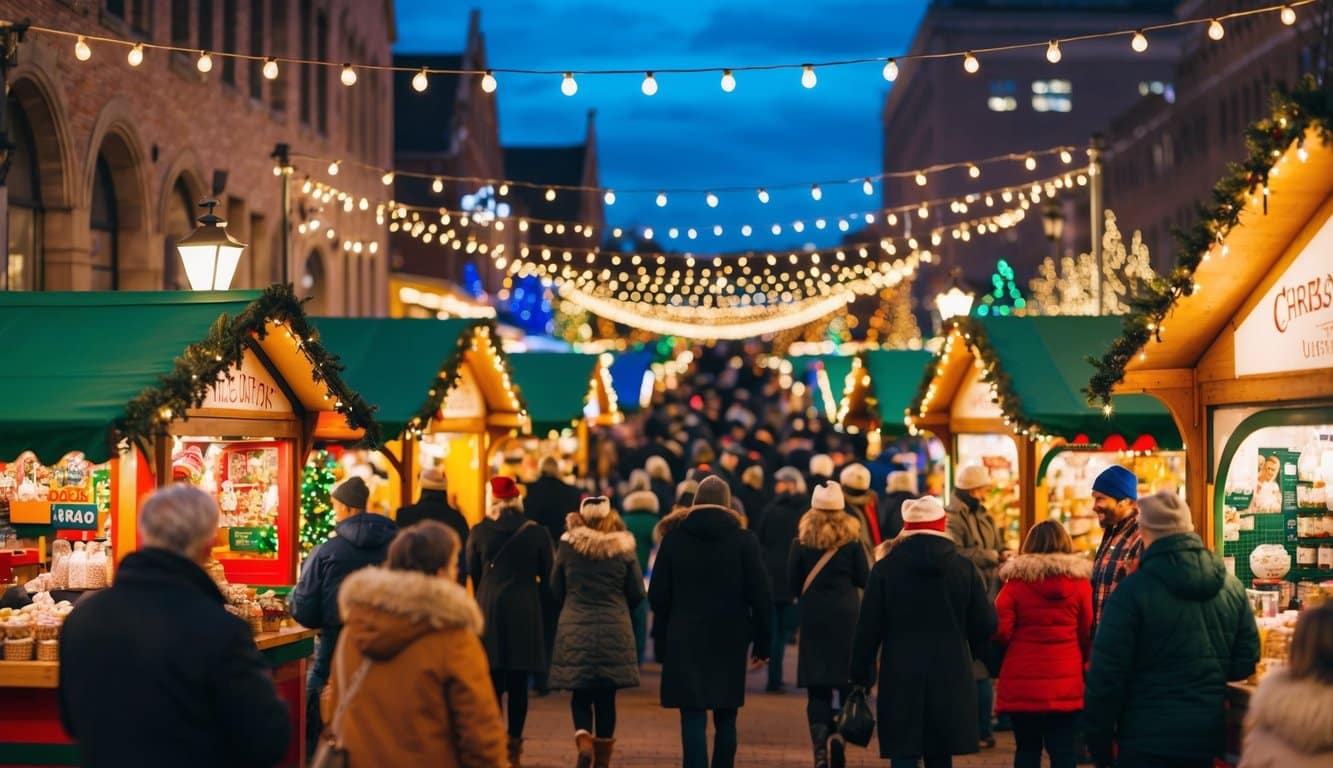 Christmas Markets Minnesota 2025: Top 50 Festive Markets to Visit 8 A festive Christmas market in Rochester, Minnesota, with colorful stalls, twinkling lights, and a bustling crowd