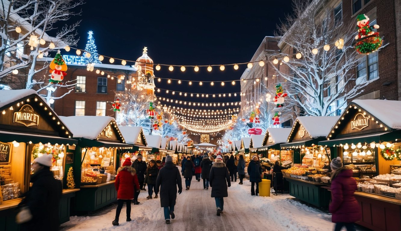 Christmas Markets Ohio 2025: 50 Top Holiday Events and Festive Fairs 7 A bustling Ohio market with festive stalls and twinkling lights, surrounded by snow-covered trees and cheerful holiday decorations
