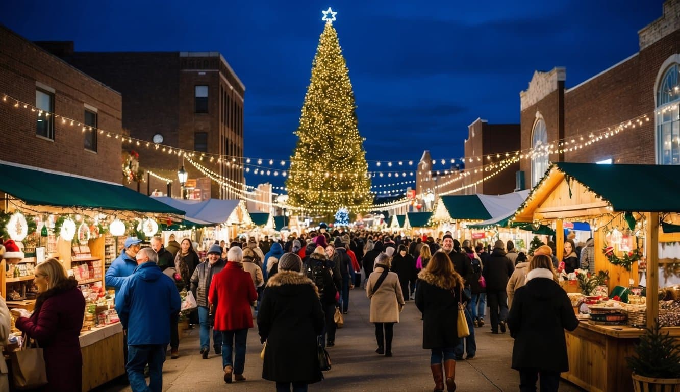 Christmas Markets Ohio 2025: 50 Top Holiday Events and Festive Fairs 8 Crowds explore festive stalls selling crafts, food, and holiday decorations. Twinkling lights and a giant tree create a merry atmosphere in downtown Bryan, Ohio