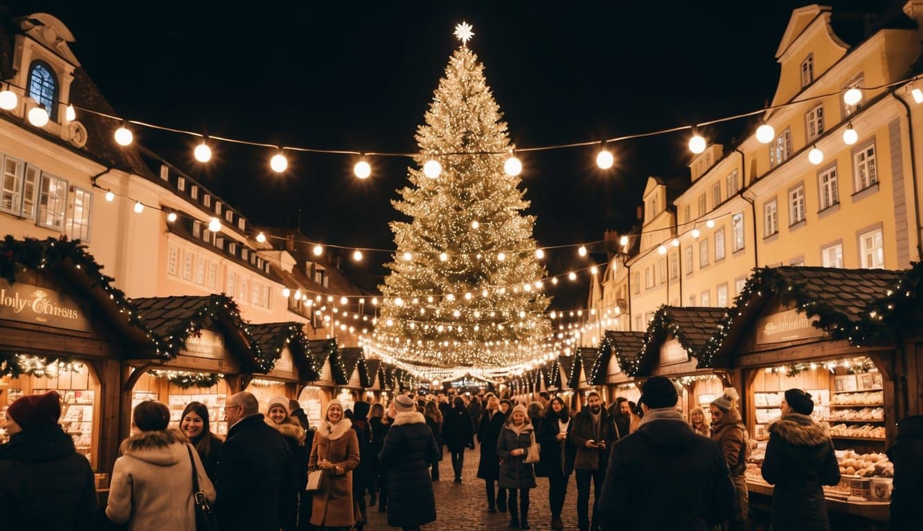 Christmas Markets Northern California 2025: Top Festive Display Events and Locations 2 A bustling Christmas market with twinkling lights, wooden stalls, and a towering Christmas tree surrounded by joyful shoppers and the scent of mulled wine and roasted chestnuts
