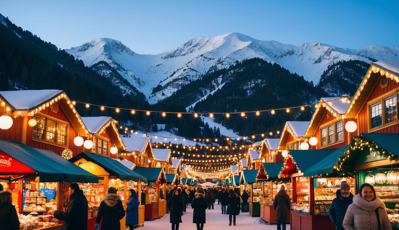 Christmas Markets Northern California 2025: Top Festive Display Events and Locations 3 A bustling holiday market with colorful stalls and twinkling lights, surrounded by snow-capped mountains in Northern California