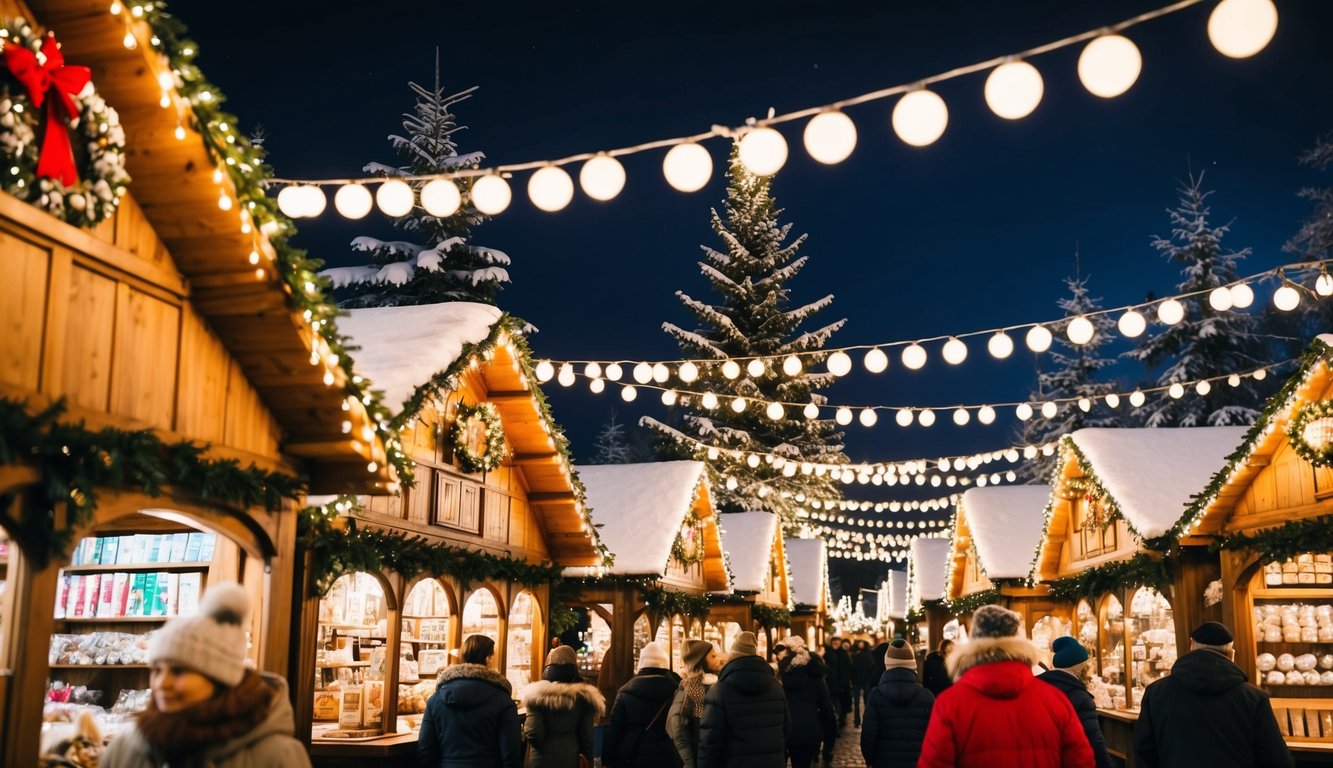 Christmas Markets Northern California 2025: Top Festive Display Events and Locations 4 A bustling German holiday market with traditional wooden stalls, twinkling lights, and festive decorations, surrounded by snow-covered pine trees