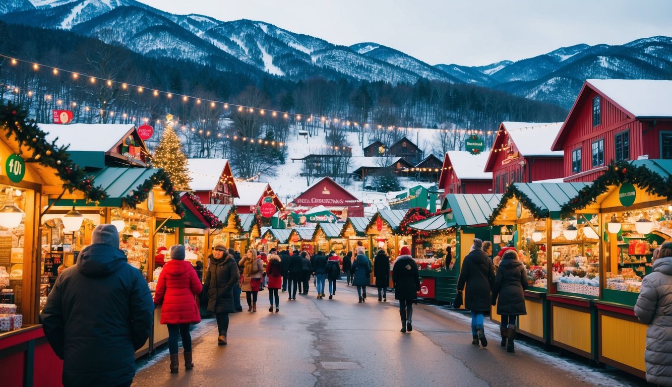 Christmas Markets Tennessee 2025: Top 50 Festive Events and Holiday Fairs 2 A bustling Christmas market with colorful stalls, twinkling lights, and festive decorations, surrounded by snow-capped mountains in Tennessee
