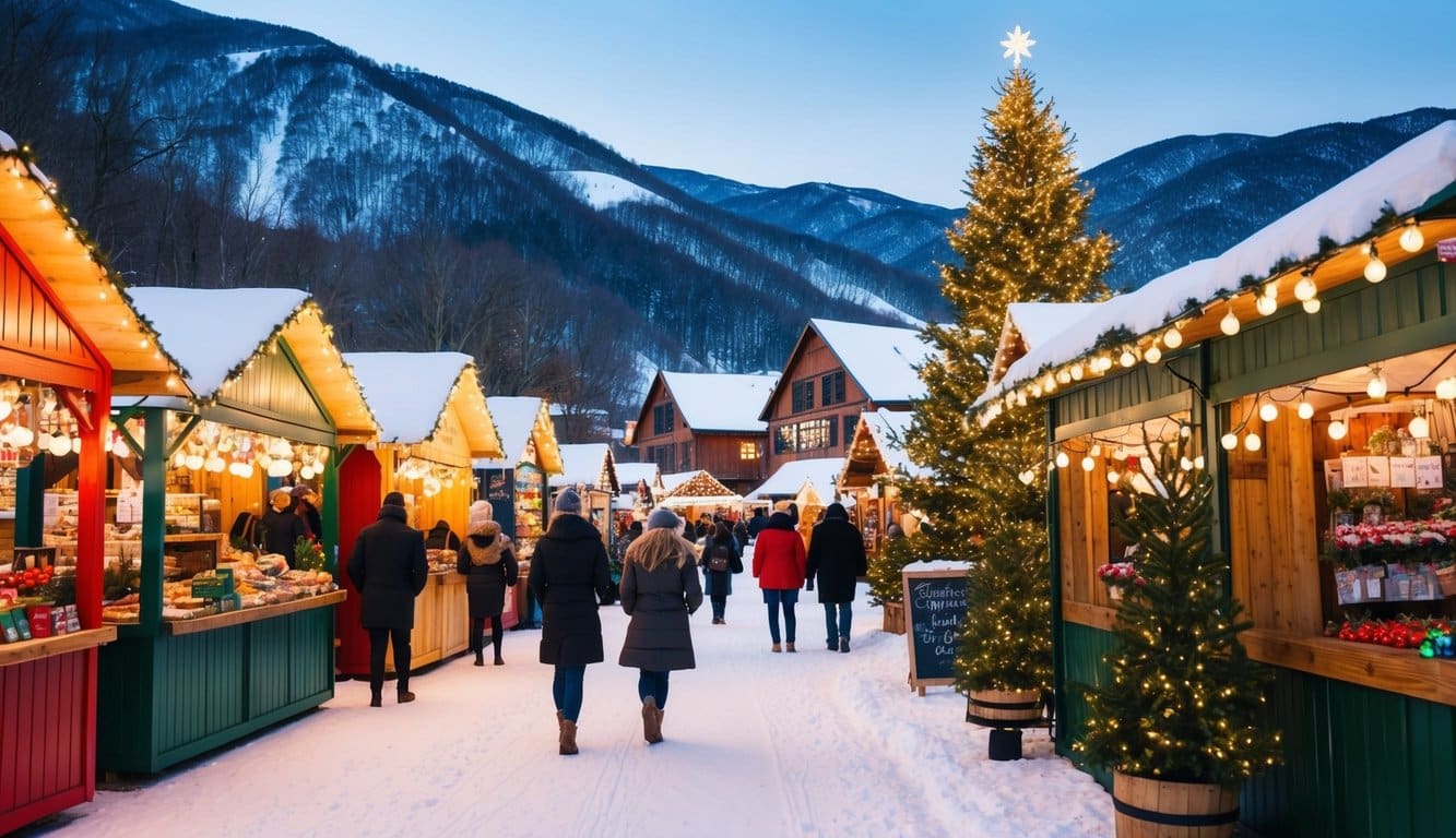 Christmas Markets Tennessee 2025: Top 50 Festive Events and Holiday Fairs 3 A festive Christmas market with colorful stalls and twinkling lights, surrounded by snow-covered mountains in Tennessee