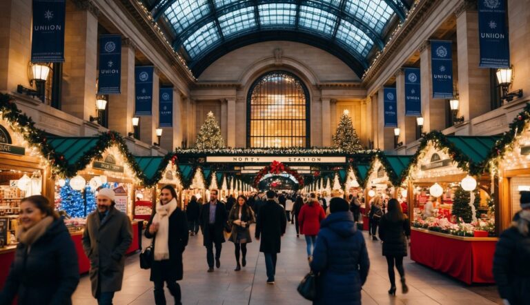 People walk through a decorated indoor market with holiday lights, garlands, and Christmas trees under a large arched glass ceiling in a historic train station.