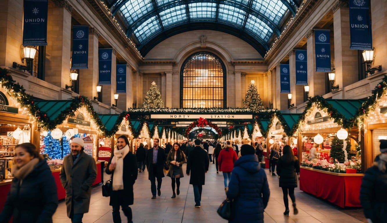 Christmas Markets Northern California 2025: Top Festive Display Events and Locations 1 People walk through a decorated indoor market with holiday lights, garlands, and Christmas trees under a large arched glass ceiling in a historic train station.