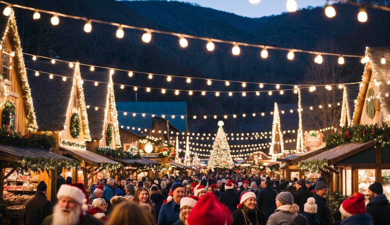 Christmas Markets Tennessee 2025: Top 50 Festive Events and Holiday Fairs 5 A bustling Christmas village with twinkling lights, festive market stalls, and joyful crowds in Pigeon Forge, Tennessee