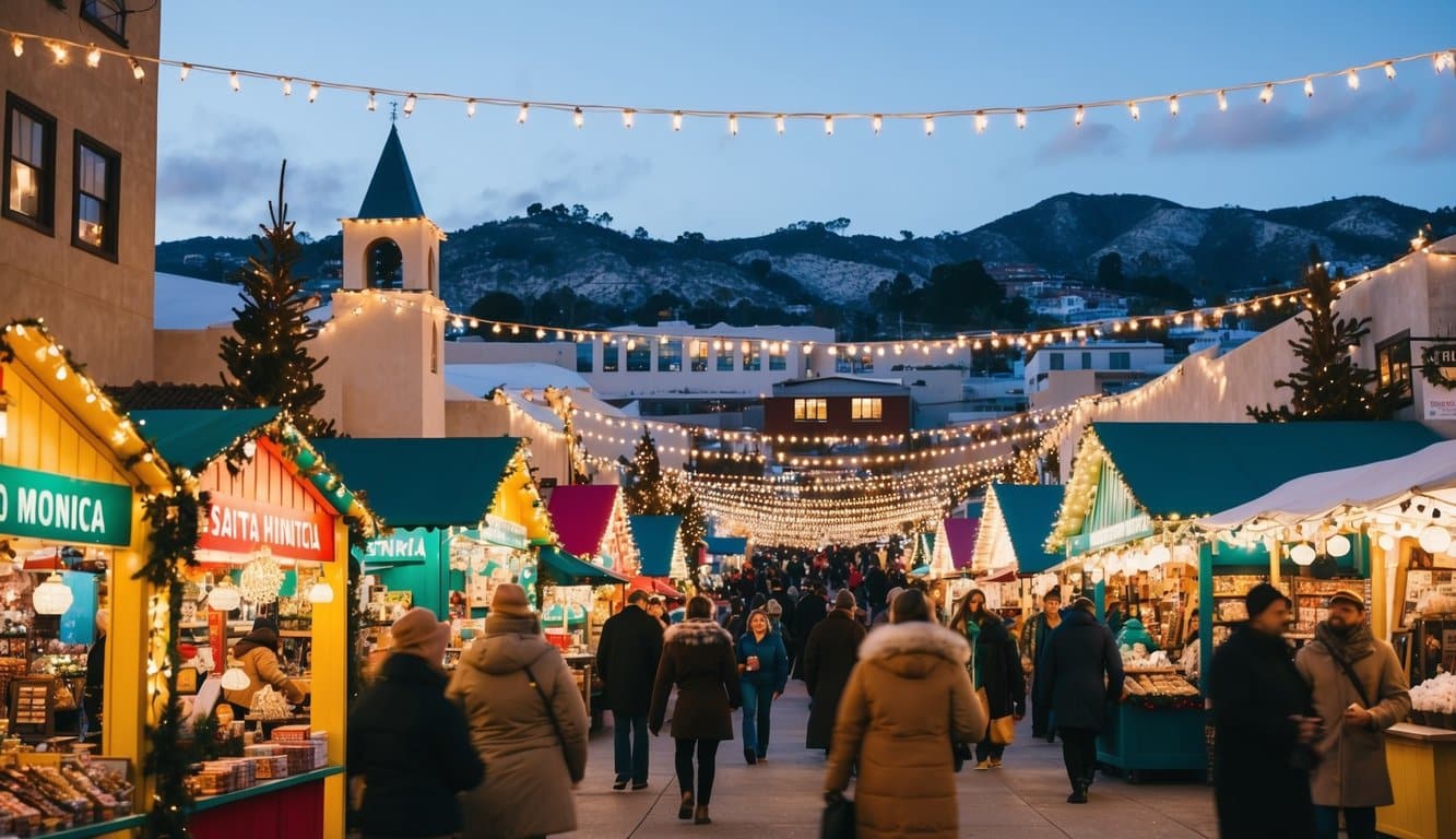Christmas Markets Northern California 2025: Top Festive Display Events and Locations 8 A bustling holiday market in Downtown Santa Monica, with colorful stalls, twinkling lights, and festive decorations, set against the backdrop of a Northern California winter landscape