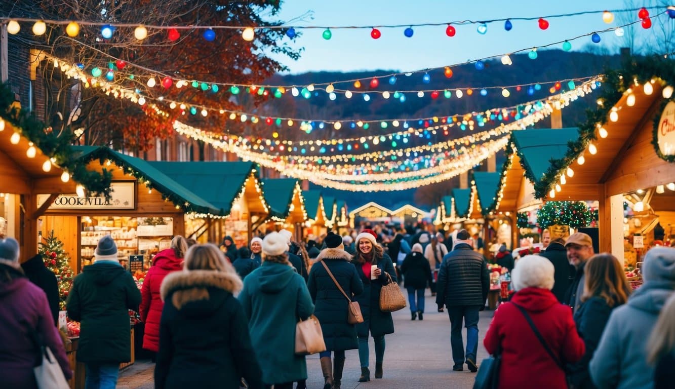 Christmas Markets Tennessee 2025: Top 50 Festive Events and Holiday Fairs 7 A festive Christmas market in Cookeville, Tennessee, bustling with vendors and shoppers, adorned with twinkling lights and colorful decorations