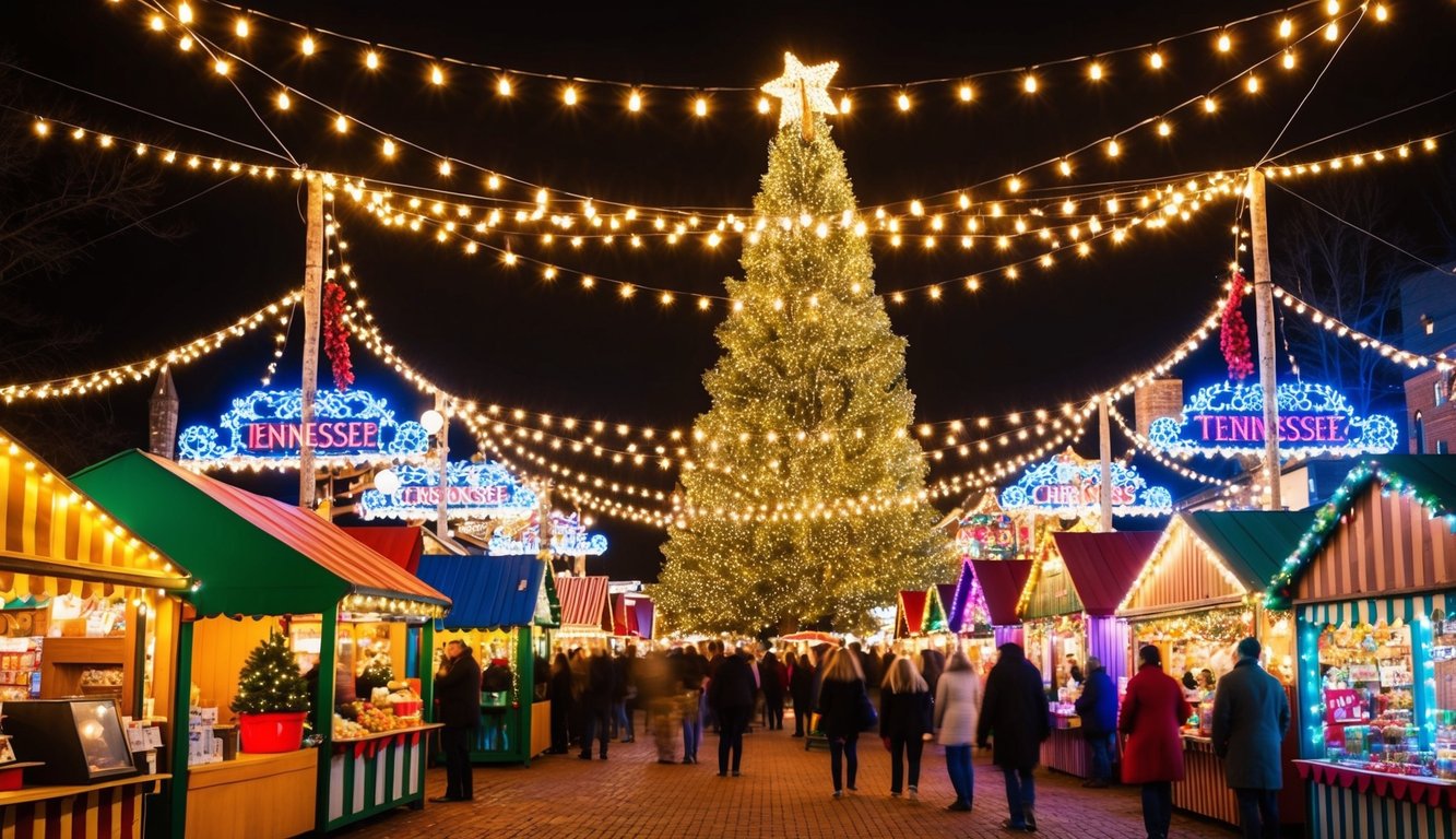 Christmas Markets Tennessee 2025: Top 50 Festive Events and Holiday Fairs 9 A festive Christmas market in Tennessee with colorful stalls, twinkling lights, and a large decorated tree as the centerpiece
