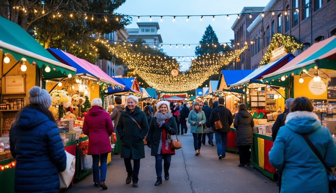Christmas Markets Northern California 2025: Top Festive Display Events and Locations 4 A bustling holiday market with colorful stalls, twinkling lights, and festive decorations in Berkeley, Northern California