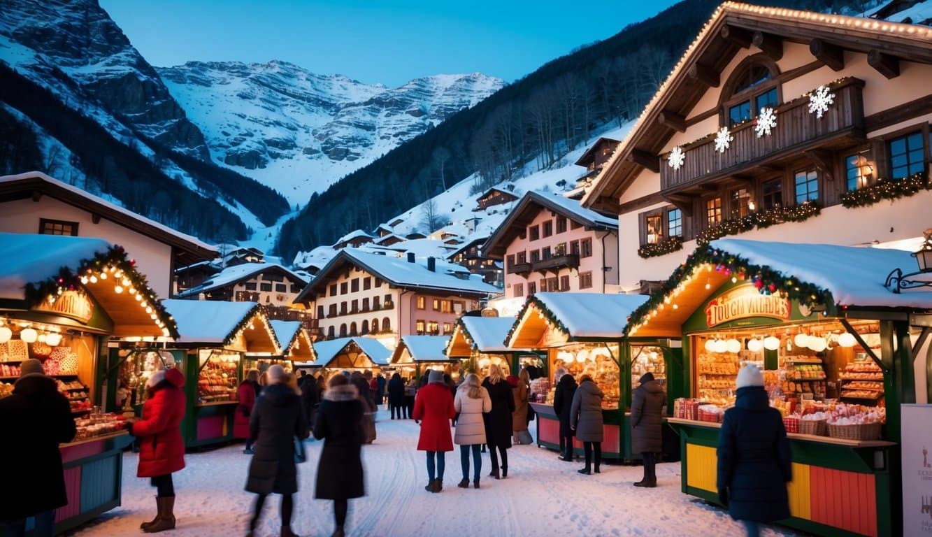 Christmas Markets Tennessee 2025: Top 50 Festive Events and Holiday Fairs 2 A bustling Christmas market nestled in the snowy mountains, with colorful stalls selling festive goods and twinkling lights illuminating the winter evening