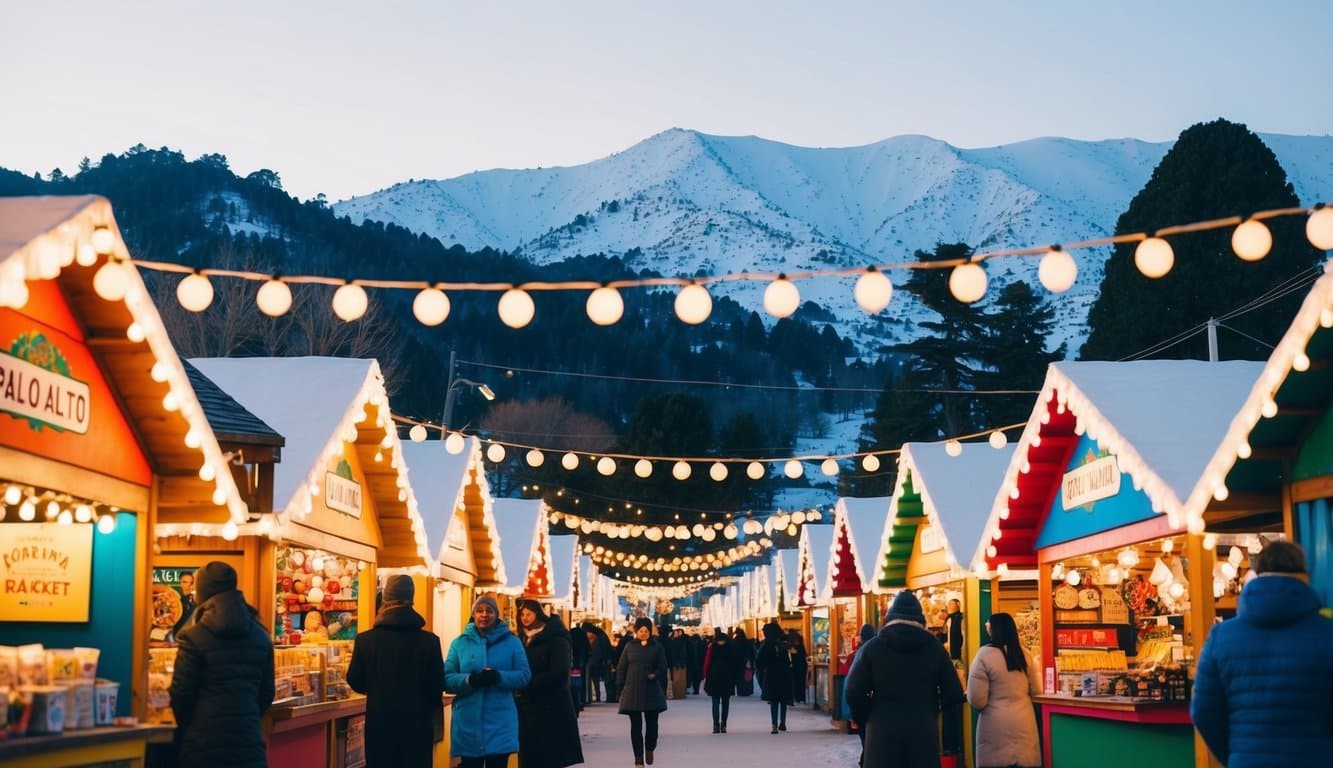 Christmas Markets Northern California 2025: Top Festive Display Events and Locations 5 A festive holiday market in Palo Alto, with colorful stalls and twinkling lights, surrounded by snow-capped mountains in Northern California