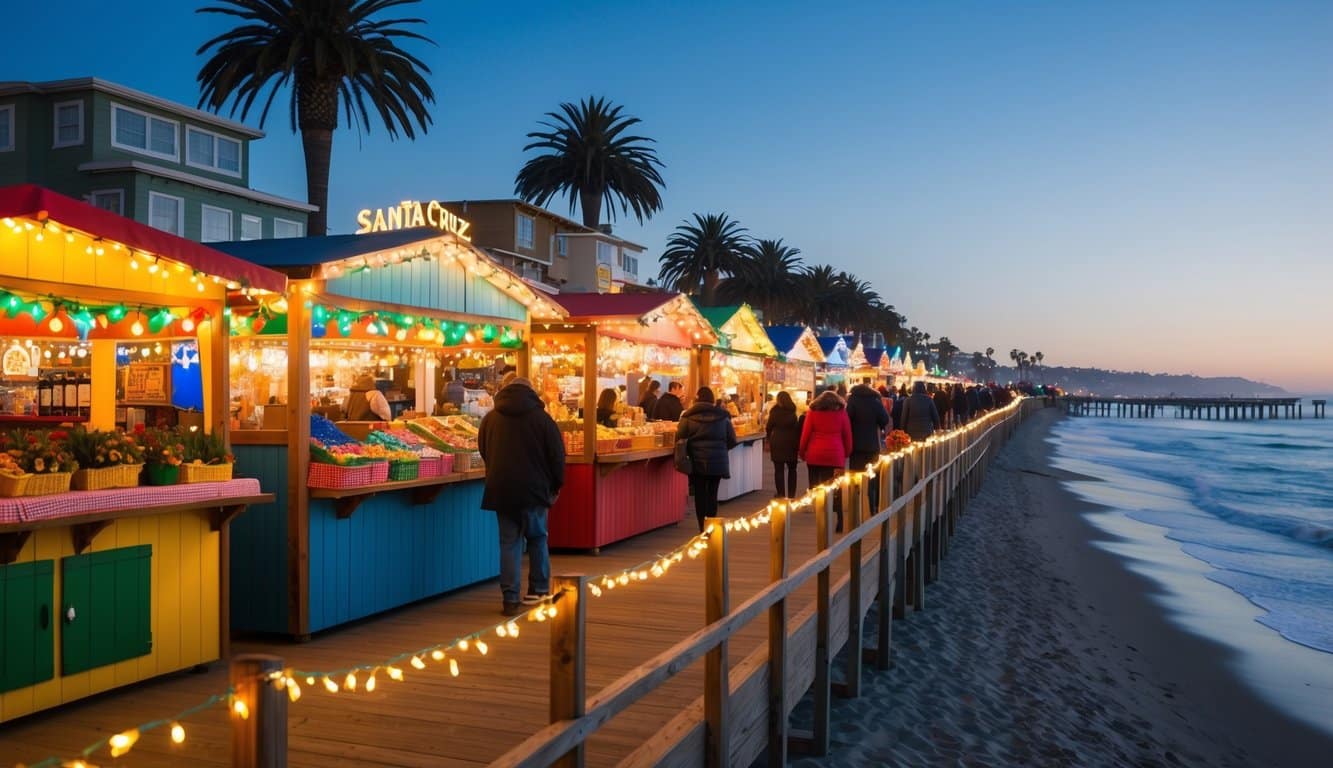 Christmas Markets Northern California 2025: Top Festive Display Events and Locations 6 A festive holiday market with colorful stalls and twinkling lights set up along the Santa Cruz Beach Boardwalk, overlooking the Pacific Ocean