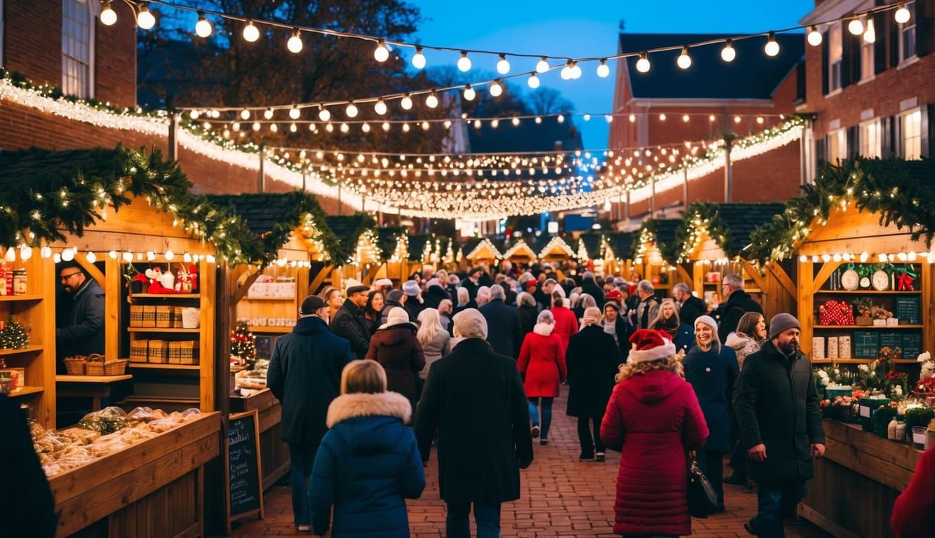 Christmas Markets Tennessee 2025: Top 50 Festive Events and Holiday Fairs 3 A festive Christmas market in Franklin, Tennessee, with twinkling lights, wooden stalls, and a bustling crowd enjoying holiday cheer in 2025