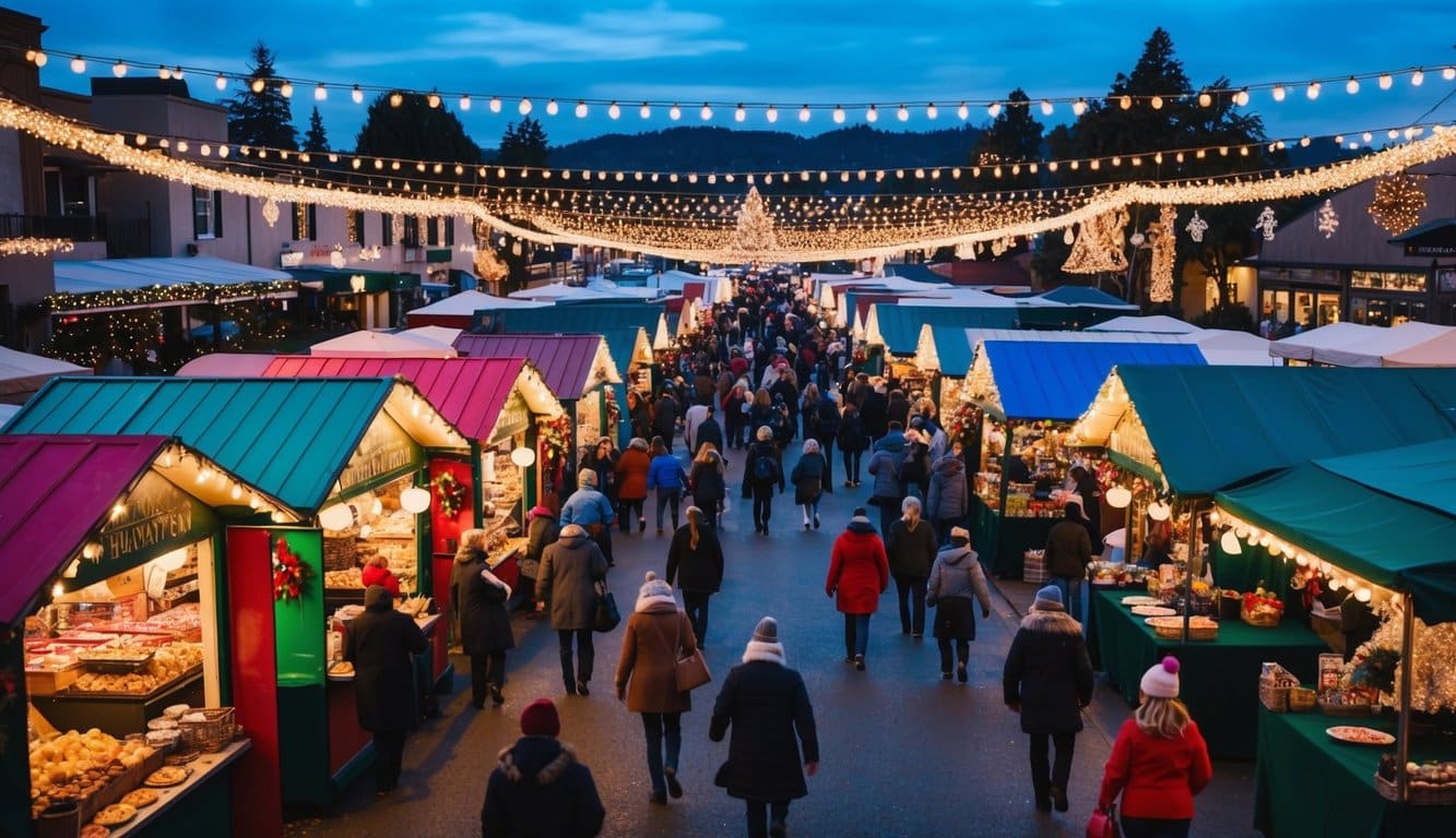 Christmas Markets Northern California 2025: Top Festive Display Events and Locations 7 A bustling holiday market with colorful stalls, twinkling lights, and festive decorations in a Northern California town in 2025