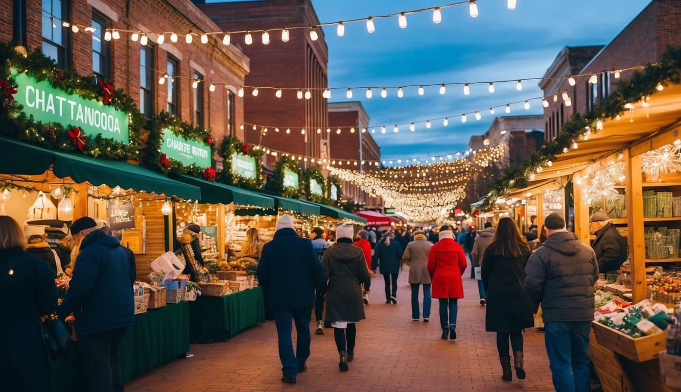 Christmas Markets Tennessee 2025: Top 50 Festive Events and Holiday Fairs 5 A bustling holiday market in Chattanooga, Tennessee, with festive decorations, twinkling lights, and vendors selling seasonal goods