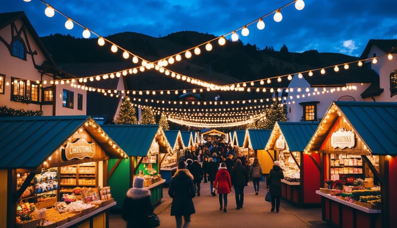 Christmas Markets Northern California 2025: Top Festive Display Events and Locations 8 A bustling Christmas village market with colorful stalls and twinkling lights in Northern California