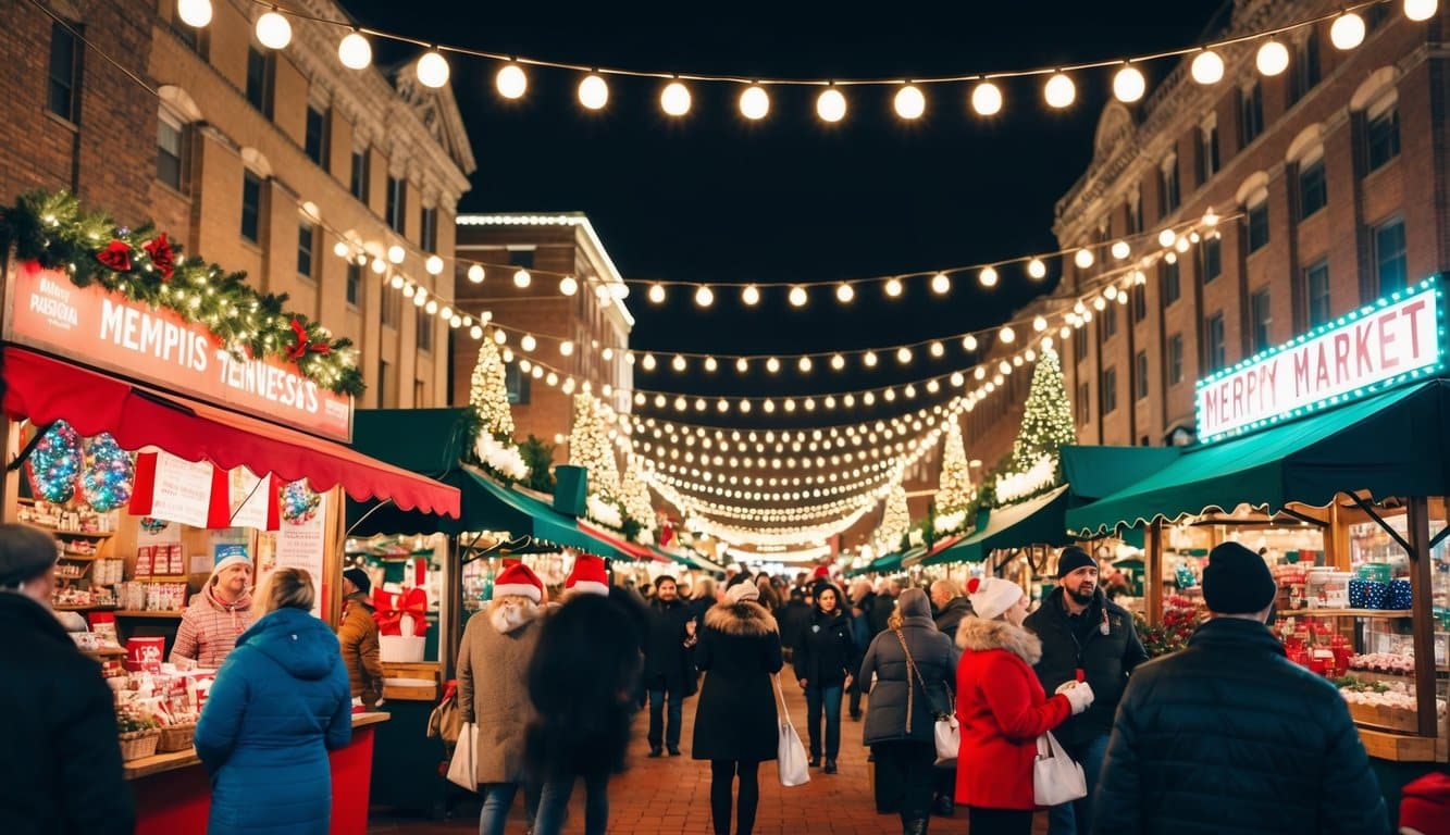 Christmas Markets Tennessee 2025: Top 50 Festive Events and Holiday Fairs 6 A bustling Christmas market in Memphis, Tennessee, with twinkling lights, festive decorations, and vendors selling holiday treats and gifts