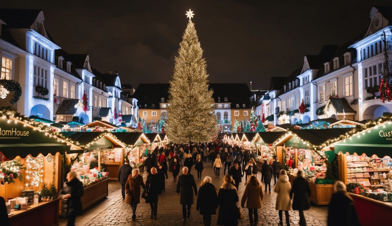 Christmas Markets Northern California 2025: Top Festive Display Events and Locations 9 Custom House Plaza filled with festive Christmas market stalls, twinkling lights, and bustling shoppers. A towering Christmas tree stands as the centerpiece, surrounded by colorful decorations and holiday cheer