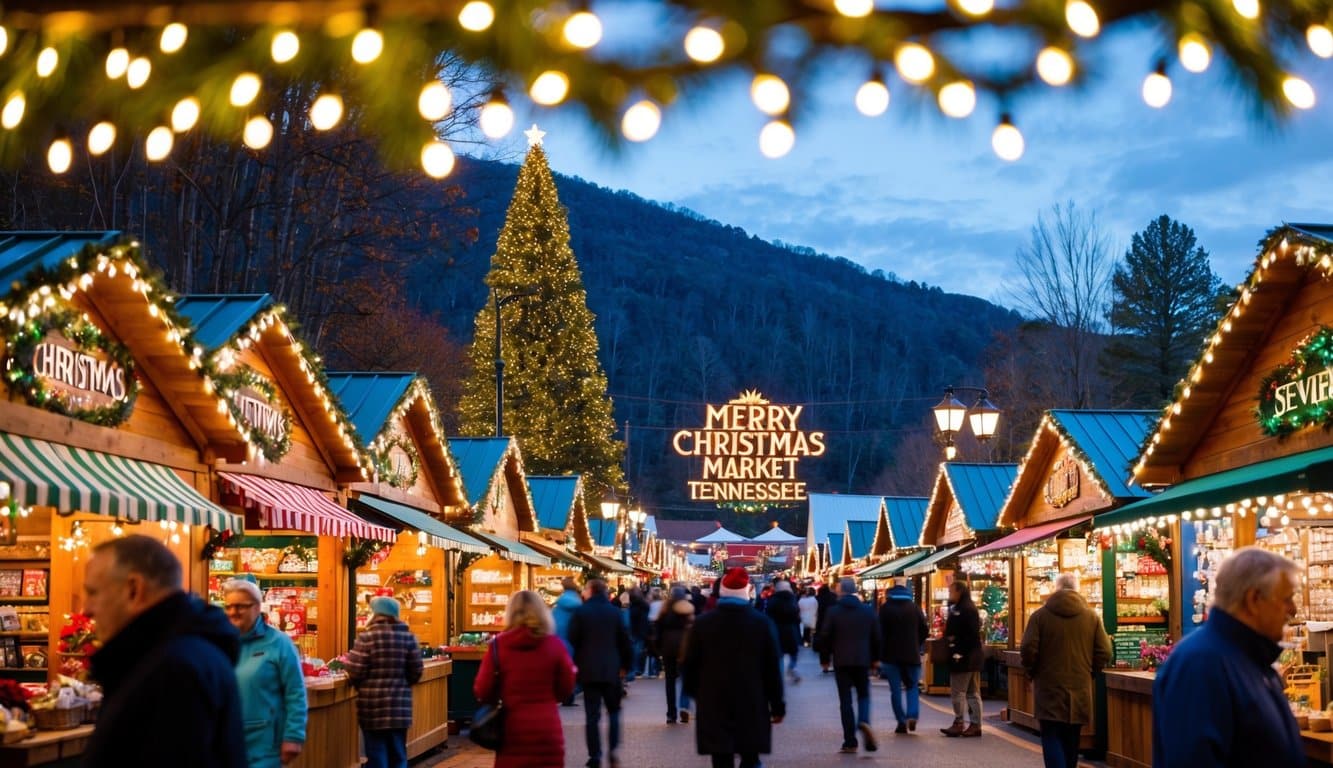 Christmas Markets Tennessee 2025: Top 50 Festive Events and Holiday Fairs 7 A bustling Christmas market in Sevier County, Tennessee, with colorful stalls, twinkling lights, and festive decorations in 2025