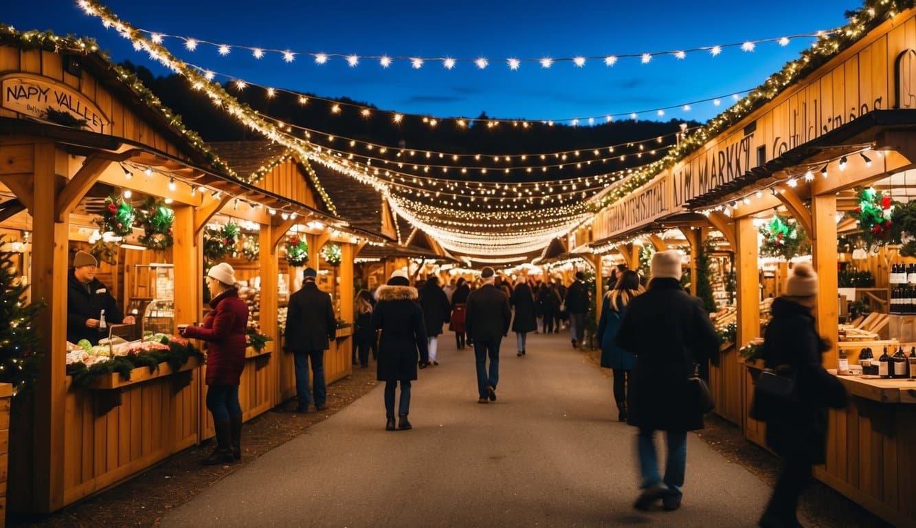 Christmas Markets Northern California 2025: Top Festive Display Events and Locations 10 A festive Christmas market in Napa Valley, Northern California, with twinkling lights, wooden stalls, and a merry atmosphere