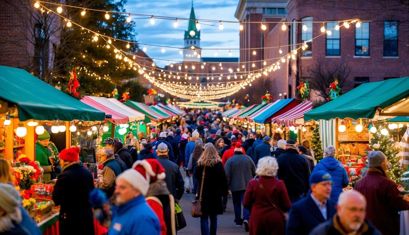 Christmas Markets Tennessee 2025: Top 50 Festive Events and Holiday Fairs 8 A festive holiday market in Johnson City, Tennessee, with colorful stalls, twinkling lights, and a bustling crowd