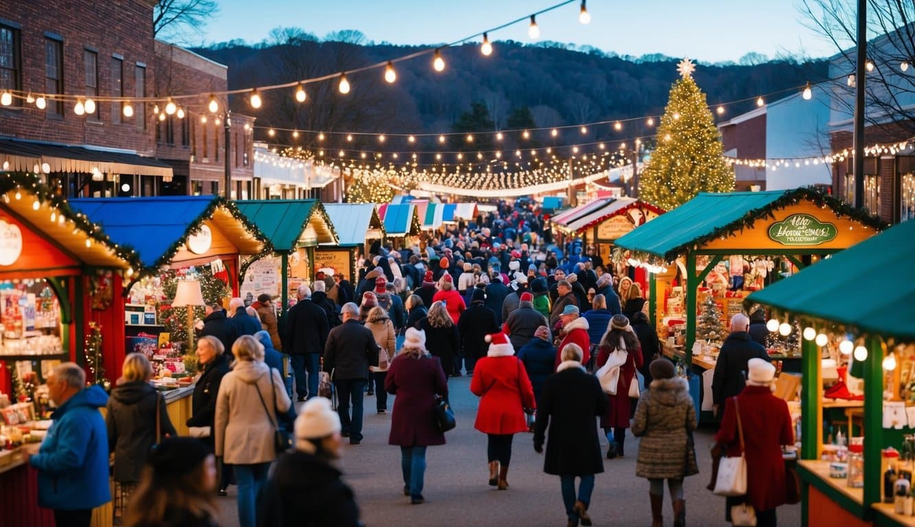 Christmas Markets Tennessee 2025: Top 50 Festive Events and Holiday Fairs 9 A festive Christmas market in Blount County, Tennessee, with colorful stalls, twinkling lights, and a bustling crowd