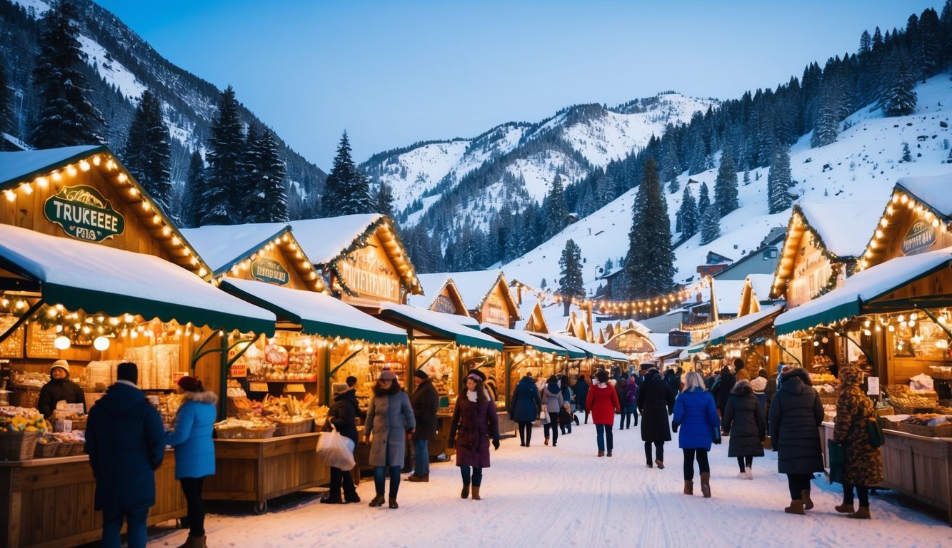 Christmas Markets Northern California 2025: Top Festive Display Events and Locations 2 A bustling winter market filled with festive stalls and twinkling lights, surrounded by snow-covered mountains in Northern California's Truckee