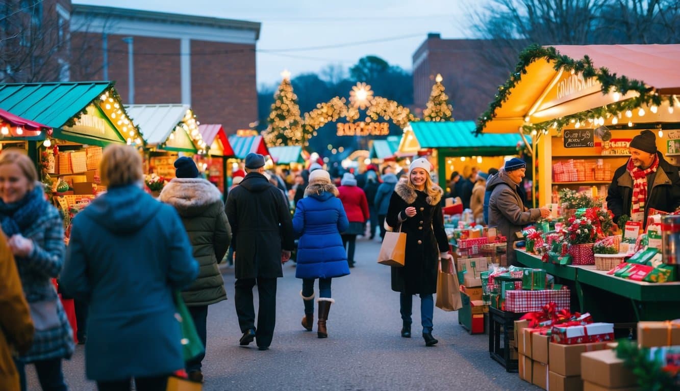 Christmas Markets Tennessee 2025: Top 50 Festive Events and Holiday Fairs 11 A festive holiday market in Morristown, Tennessee, with colorful stalls, twinkling lights, and cheerful crowds browsing for Christmas gifts in 2025