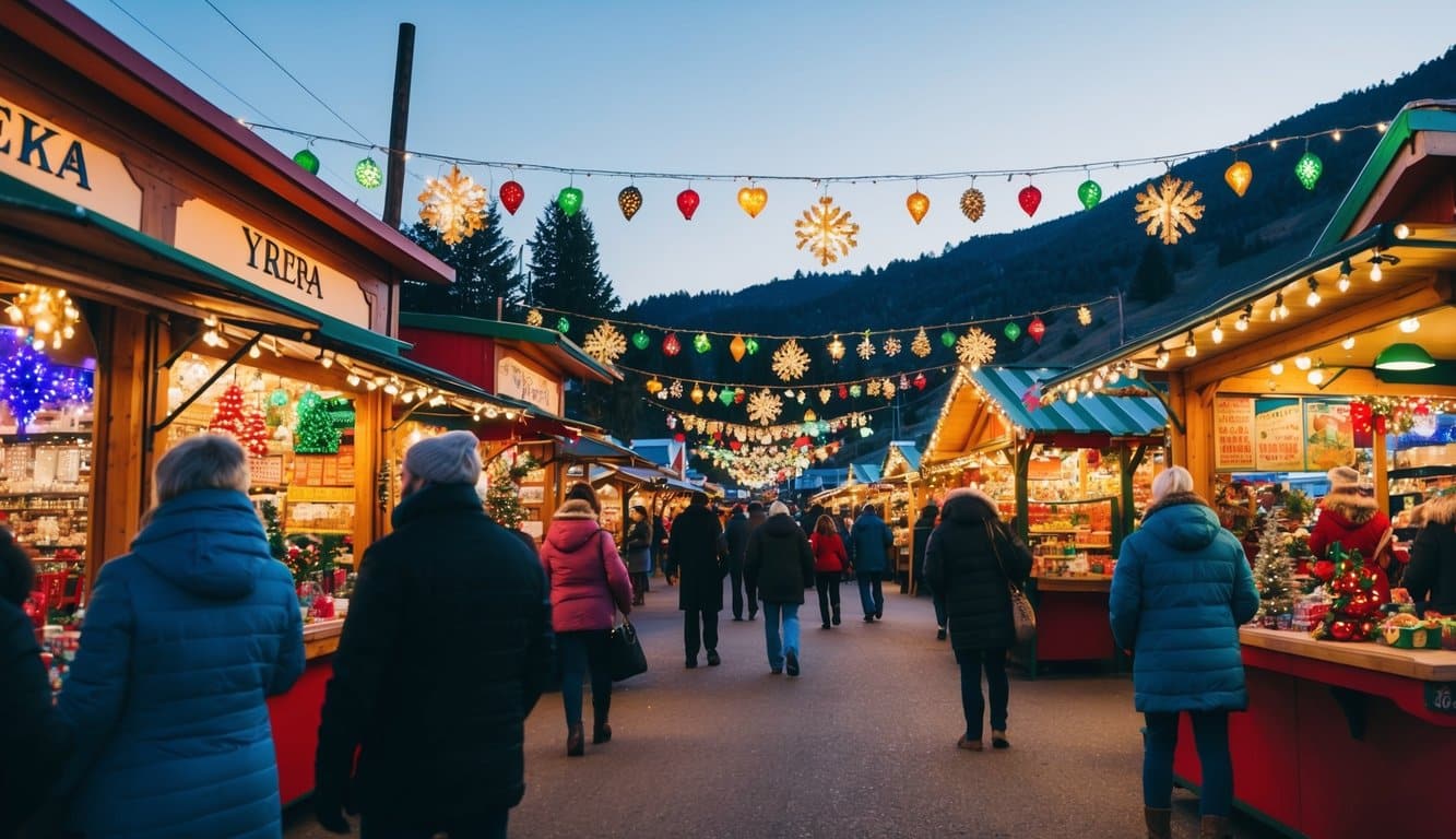 Christmas Markets Northern California 2025: Top Festive Display Events and Locations 3 A bustling Christmas market in Yreka, Northern California, with colorful stalls, twinkling lights, and festive decorations in 2025